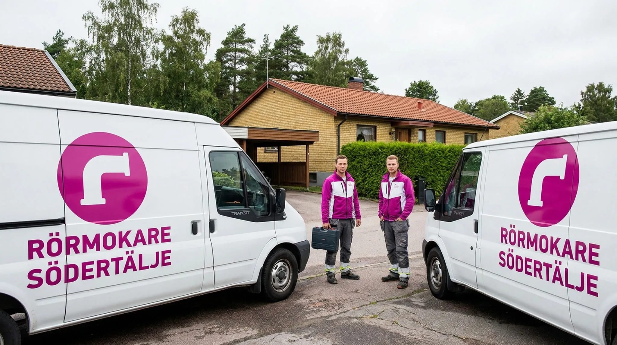 Två servicebilar med Rörmokare Södertälje-dekor utanför en gul villa, med två rörmokare mellan bilarna